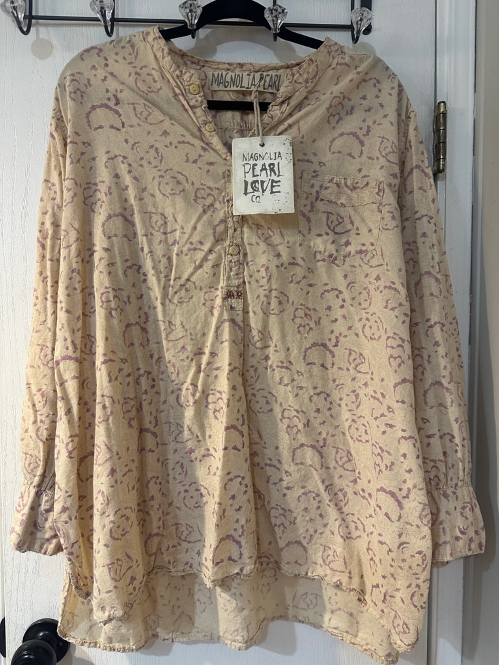 Magnolia Pearl Cream Tunic with Dusty Rose Motif